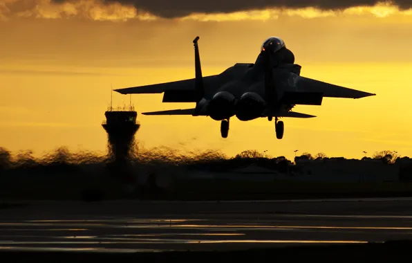 Picture the sky, sunset, fighter, Eagle, F-15C