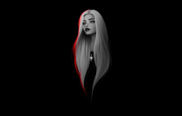 Girl, dark, long hair, minimalism, red eyes, artwork, black background, necklace