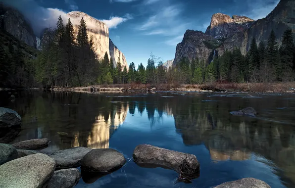 Picture the sky, clouds, mountains, river, stones, waterfall, ate, california