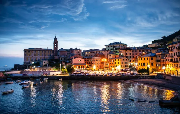 Sea, night, lights, Italy, Genoa