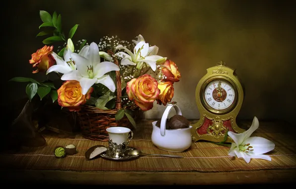 Flowers, basket, Lily, watch, roses, candy, fabric, still life