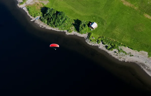 Flight, lake, field, home, boats, pilot, paraglider, farm