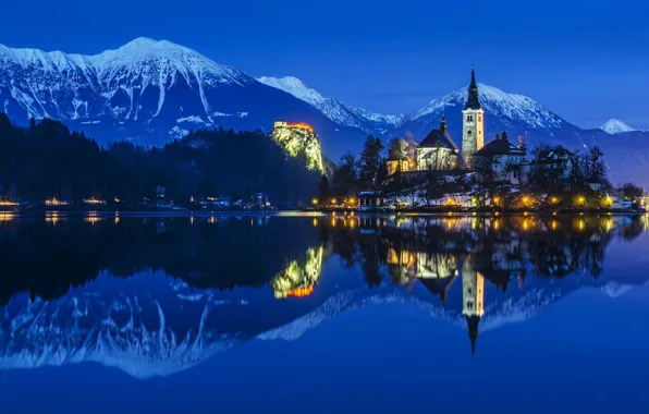 Landscape, mountains, night, nature, lake, reflection, lighting, Alps