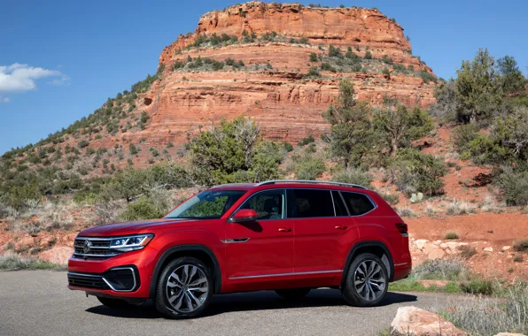 Red, mountain, Volkswagen, SUV, Atlas, 2020