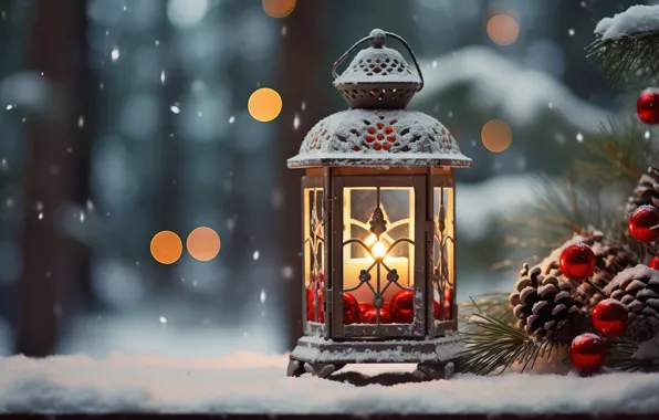 Winter, snow, decoration, New Year, Christmas, lantern, light, new year
