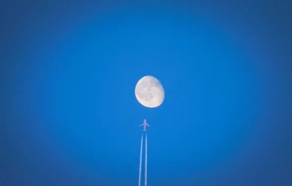 Picture moon, sky, flight, airplane, contrails