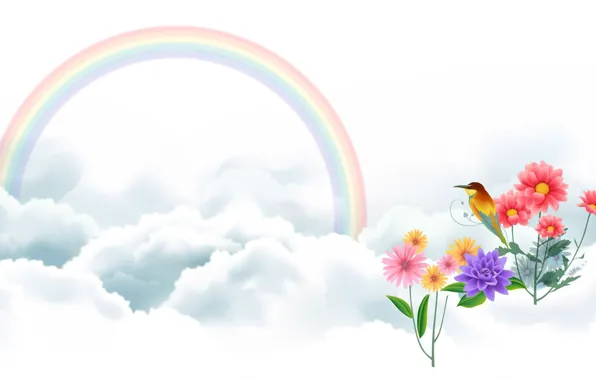 Clouds, flowers, bird, rainbow, art, vector drawing