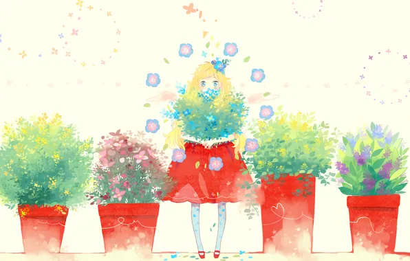 Girl, flowers, wings, angel, anime, art, pots, kyang692