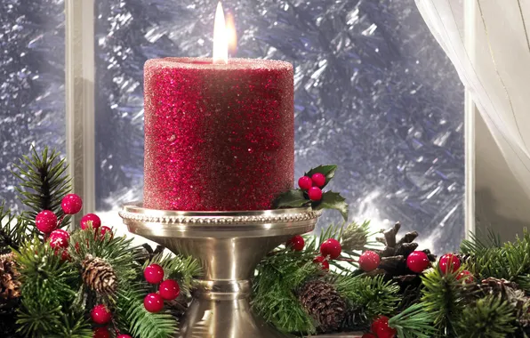 Picture decoration, flame, holiday, pattern, candle, ice, branch, window
