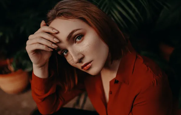 Look, girl, face, hand, portrait, makeup, red, redhead