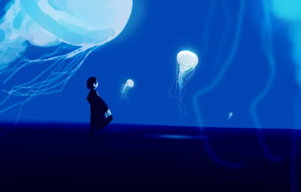 Night, fantasy, jellyfish, girl