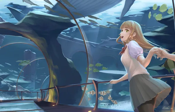 Girl, fish, aquarium, aquarium