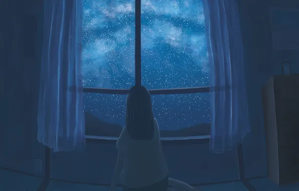 Picture the sky, girl, night, interior, the milky way