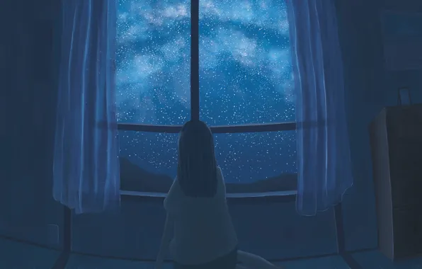 The sky, girl, night, interior, the milky way