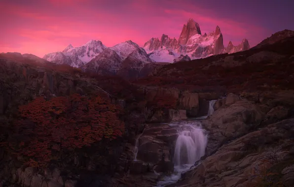 Autumn, trees, mountains, rocks, tops, waterfall, the evening, Andes