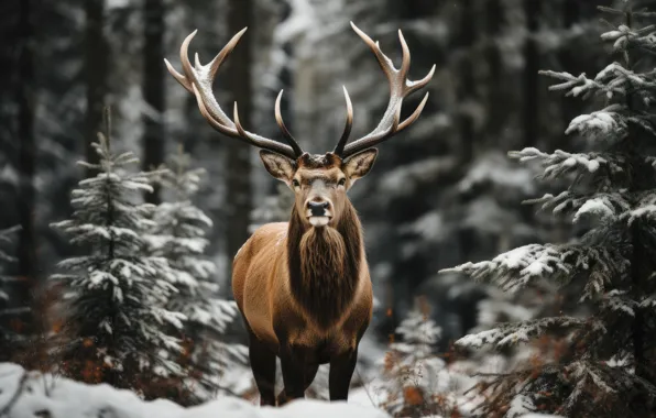 Winter, forest, snow, nature, deer, AI art, neural network