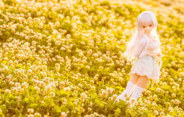 Field, pose, toy, doll, clover, lilac, long hair