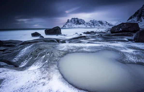 Picture winter, sea, snow, mountains, stones, rocks, shore, tops