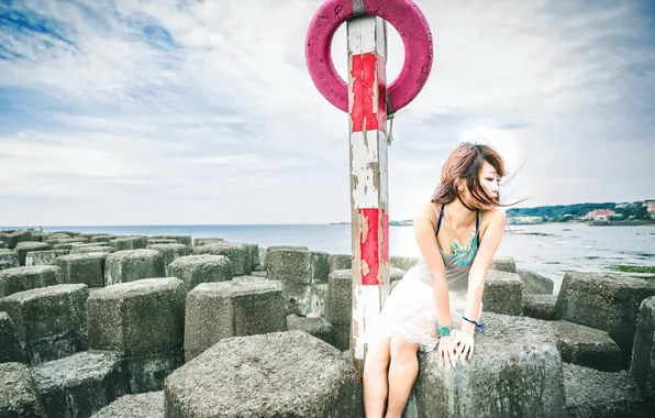 Sea, girl, pose, Asian