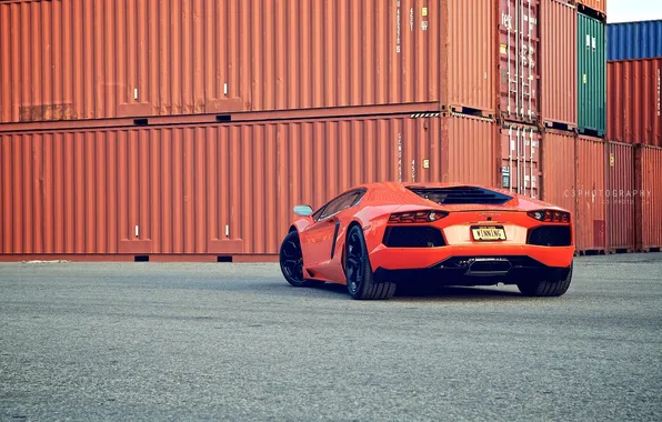 Asphalt, orange, lamborghini, containers, orange, back, aventador, lp700-4