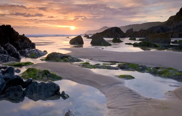 Picture sand, sunset, stones, shore, Sea, tide