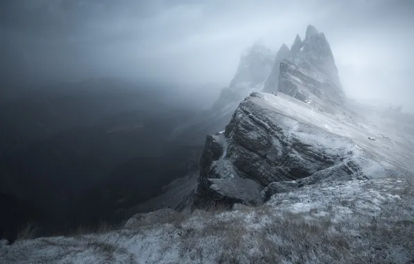 Winter, snow, mountains, rocks