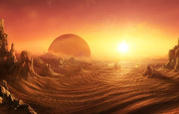 Desert, sunrise on alien planet, Daniel Kvasznicza