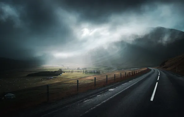Road, mountains, fog