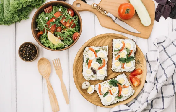 Food, vegetables, tomatoes, salad, sandwiches, cutting Board, Basil