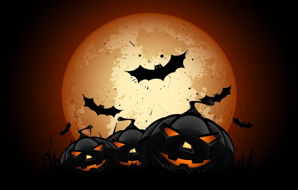 Vector, Halloween, moon, night, bats, pumpkins, full moon, scary