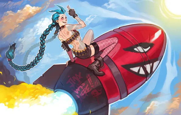 Picture girl, the sun, rocket, league of legends, Jinx, jinx