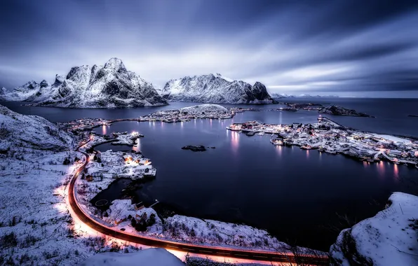 Winter, the sky, light, mountains, clouds, town, settlement, the fjord