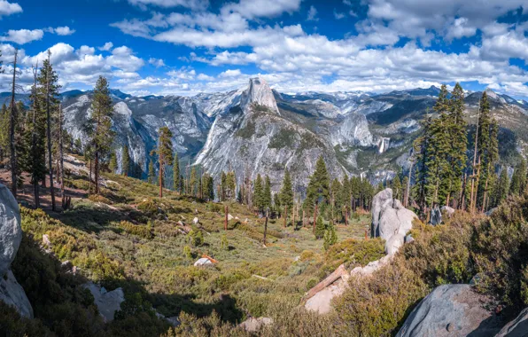 Picture clouds, trees, mountains, rocks, USA, Yosemite