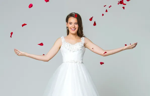 Picture joy, red, smile, background, mood, makeup, petals, dress