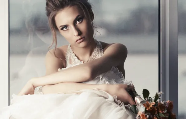 Look, girl, bouquet, dress, brown hair, hairstyle, the bride, Vadim Mironov