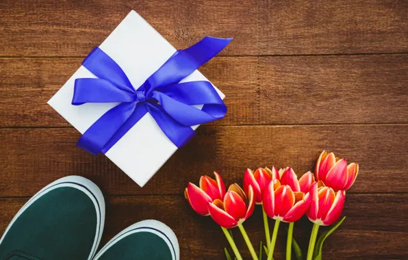 Flowers, gift, sneakers, bouquet, tape, tulips, red, red