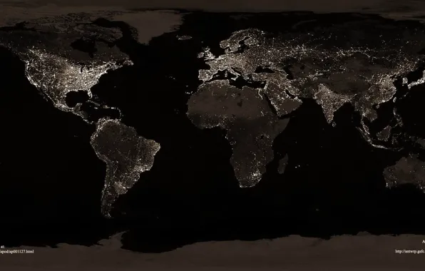 Night, lights, earth, continents, countries, oceans, cities