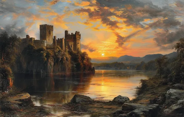 Stones, castle, shore, picture, ruins, painting, pond, strokes