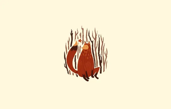 Trees, branches, figure, minimalism, Fox, tail, red, illustration