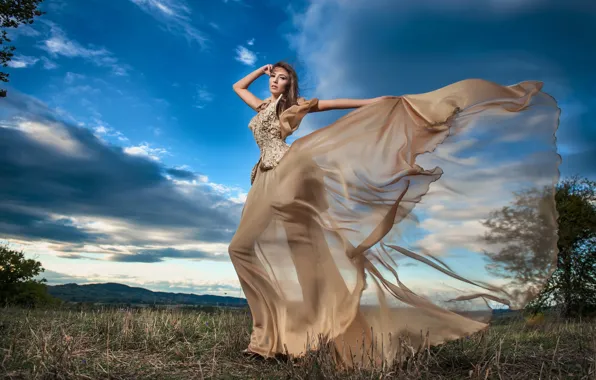 Field, girl, trees, nature, pose, model, makeup, figure