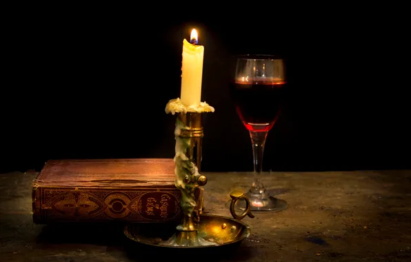 Wine, candle, book, wax, Still life