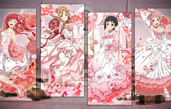 Girls, collage, characters, bouquets, Sword Art Online, wedding dresses