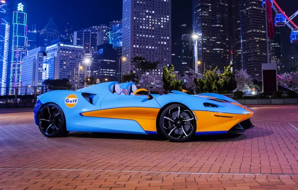 Lights, McLaren, night city, Elva, 2021, McLaren Elva, Gulf Theme