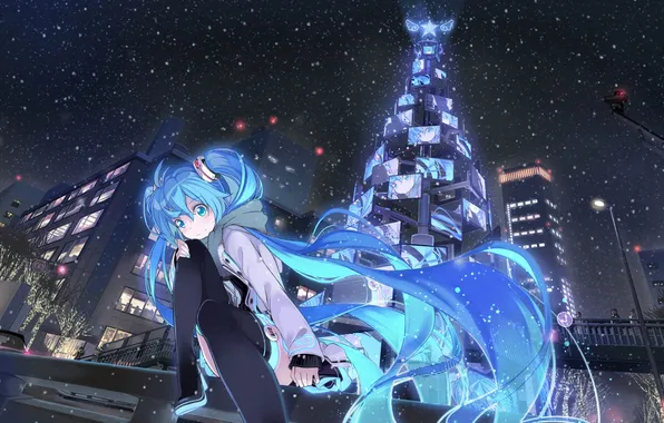 Winter, girl, light, snow, bridge, people, home, anime