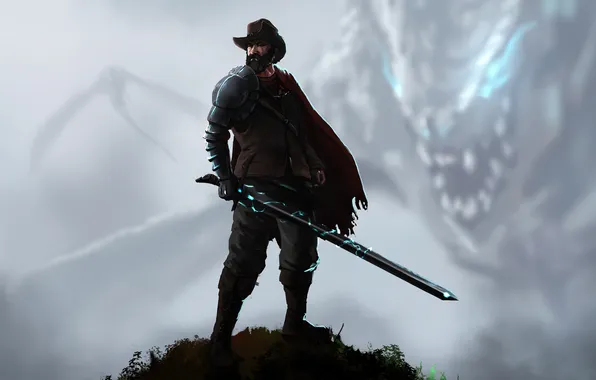 Fiction, dragon, sword, hat, art, cowboy, cloak