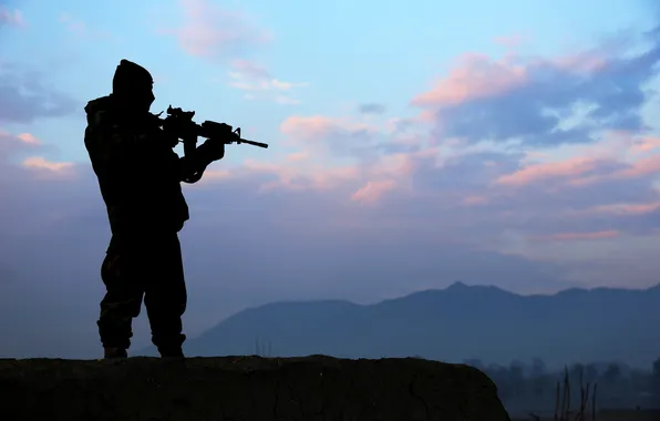 The sky, clouds, mountains, weapons, silhouette, soldiers