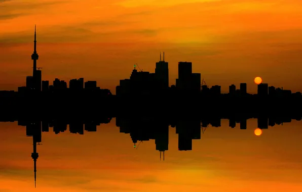 The sky, the sun, clouds, sunset, the city, reflection, tower, home
