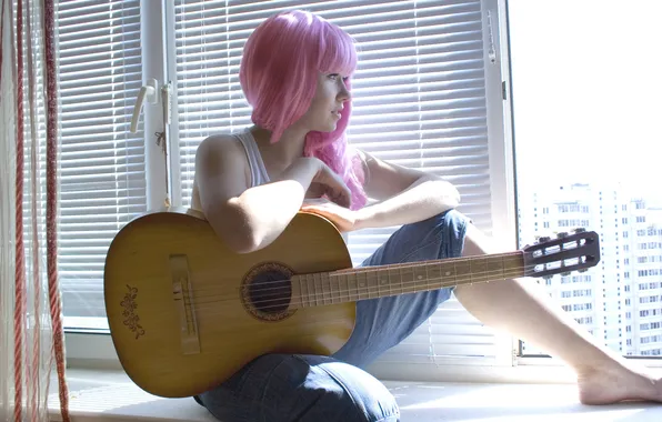 Picture girl, guitar, window