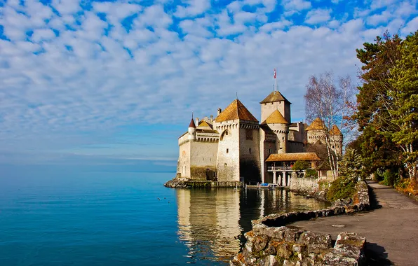 The sky, clouds, lake, castle, tower, Switzerland, Silion