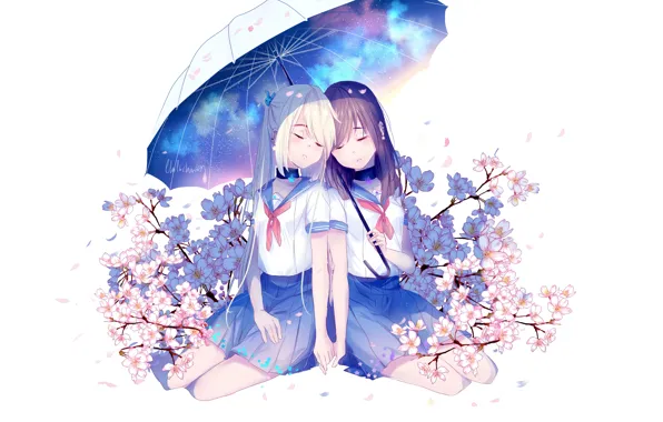 Space, flowers, umbrella, Schoolgirls, by lluluchwan